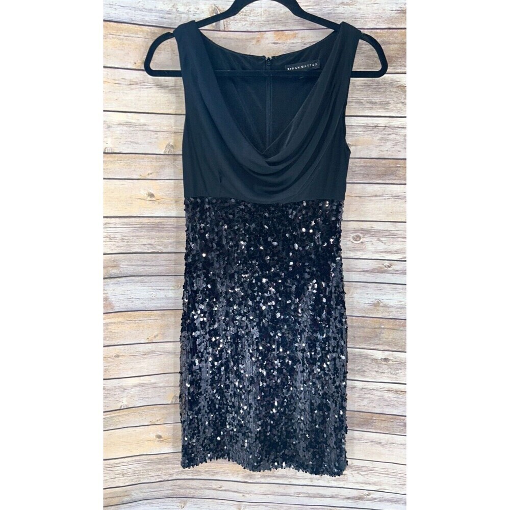 Women's Aidan Mattox Black Draped Neck Sequin Sleeveless Dress Size 4
